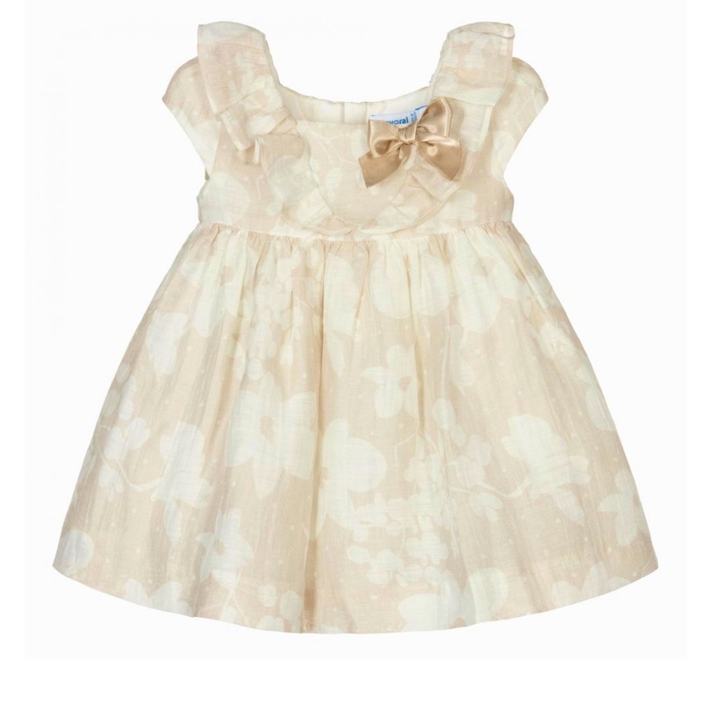Mayoral 9 Month Special Occasion Dress, Cream/Beige Floral, Champagne Bow Detail